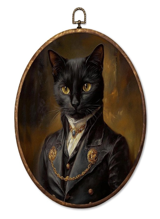 HUGANE Vintage Moody Elegant Black Cat Round Wall Art Decor, Dark Academia Whimsical Cat Mom Lady Lovers Hanging Canvas Framed Prints Wall Sculptures for Home Bedroom Living Room Decor, 10x10 Inch - Image 1